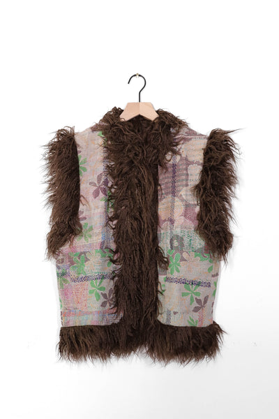 Rani Vest – Vintage Kantha Quilt Vest with Faux Fur Trim